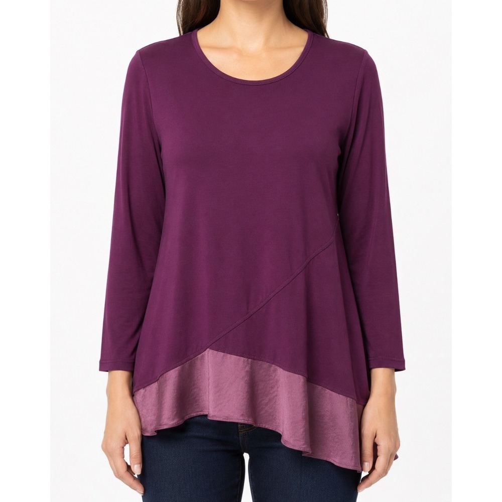 LOGO Lori Goldstein Womens Tunic Top Purple Mixed Media Hem XL